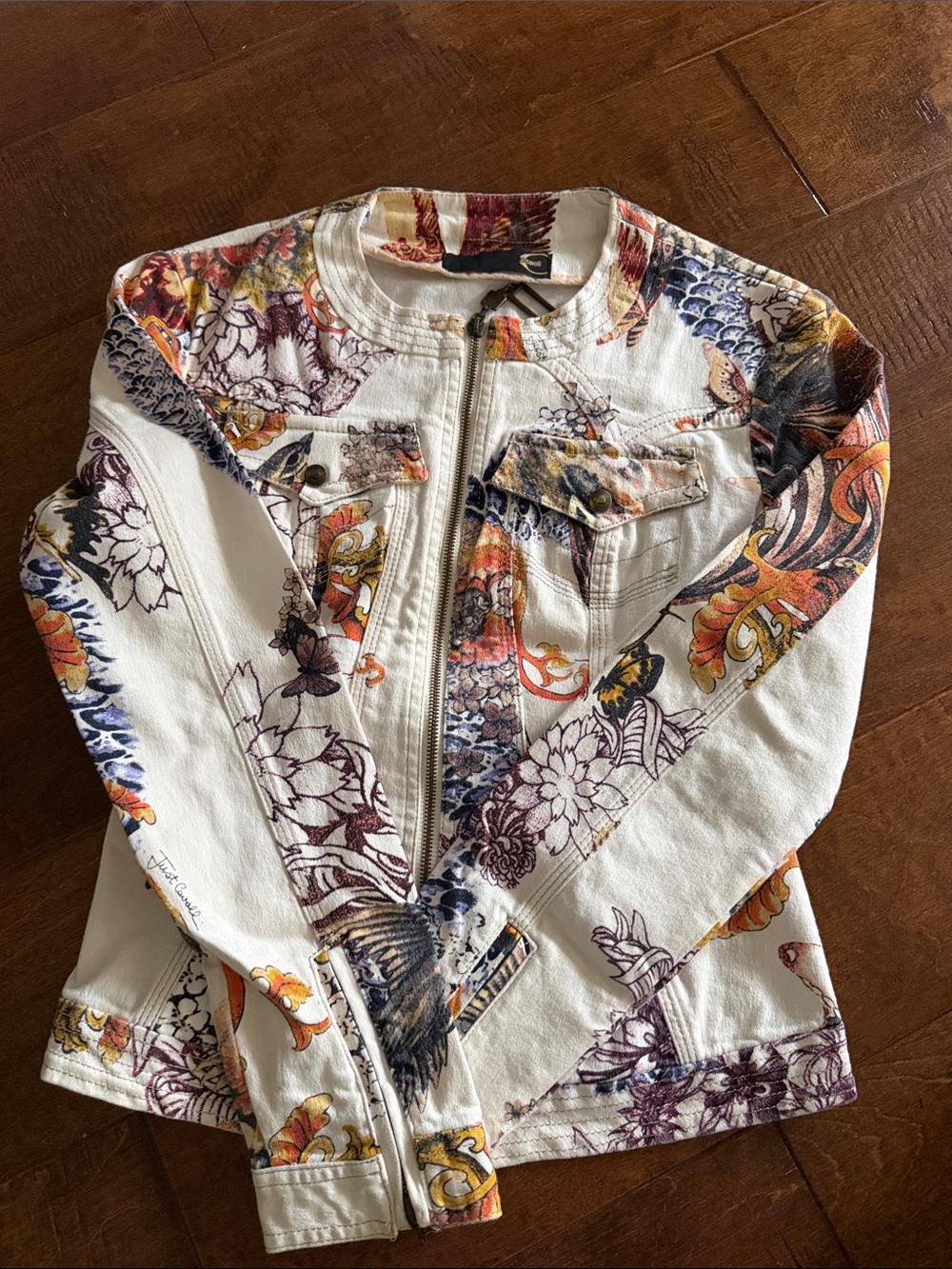 Desigual White Jean Jacket with Multicolor Floral & Ornamental Print